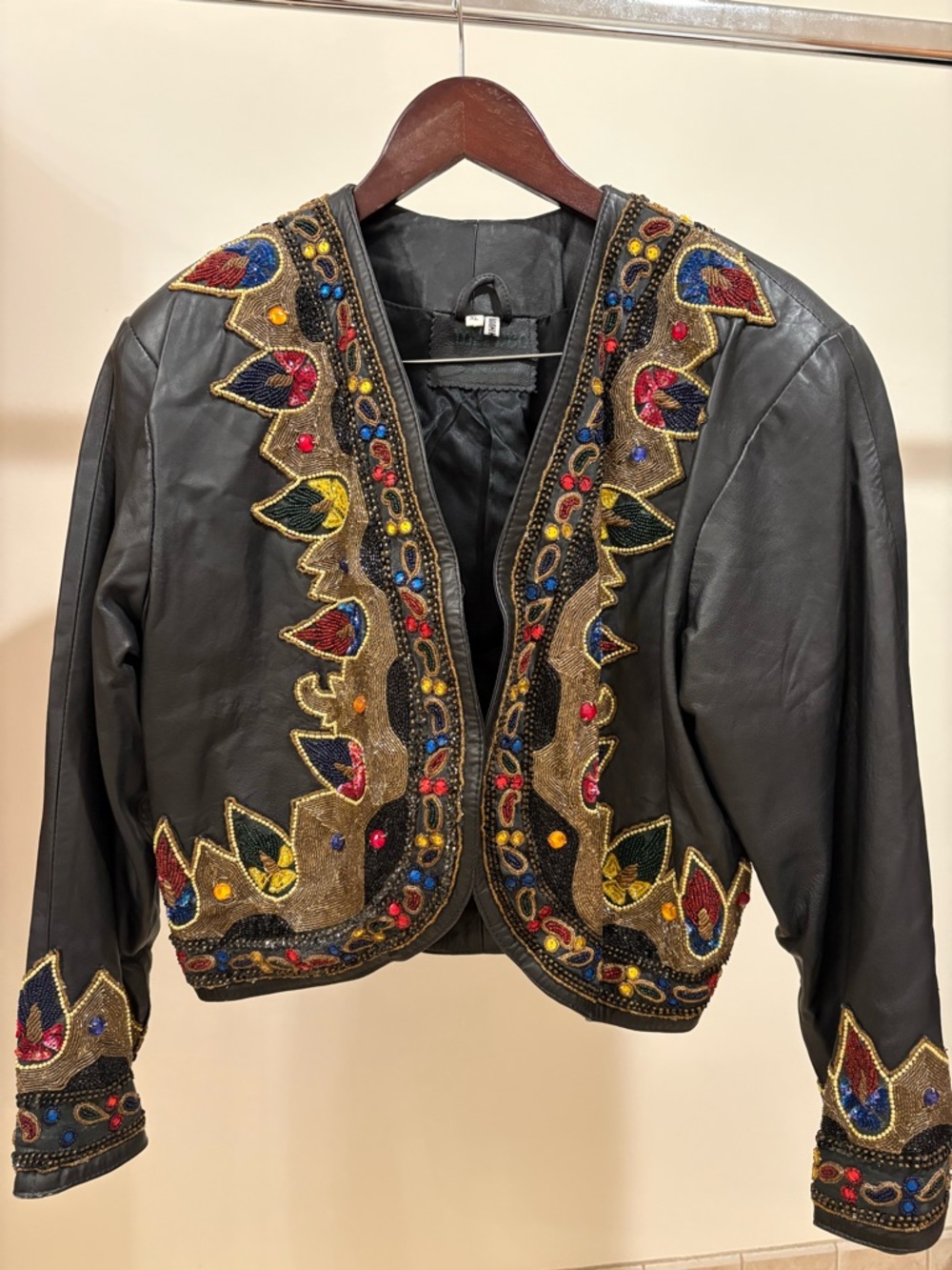 Vintage 80s Mashco Genuine Leather Bolero Jacket - Beaded Embellished Lined